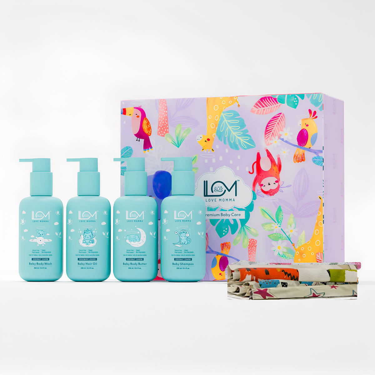 Love Momma’s 4 Bottles + Napkins Gift Hamper (Baby Shampoo, Hair Oil, Body Butter, Wash)